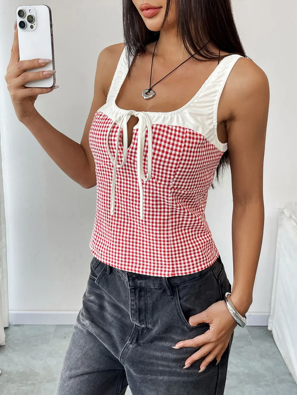 Contrast Plaid Square Neck Tank, image 3