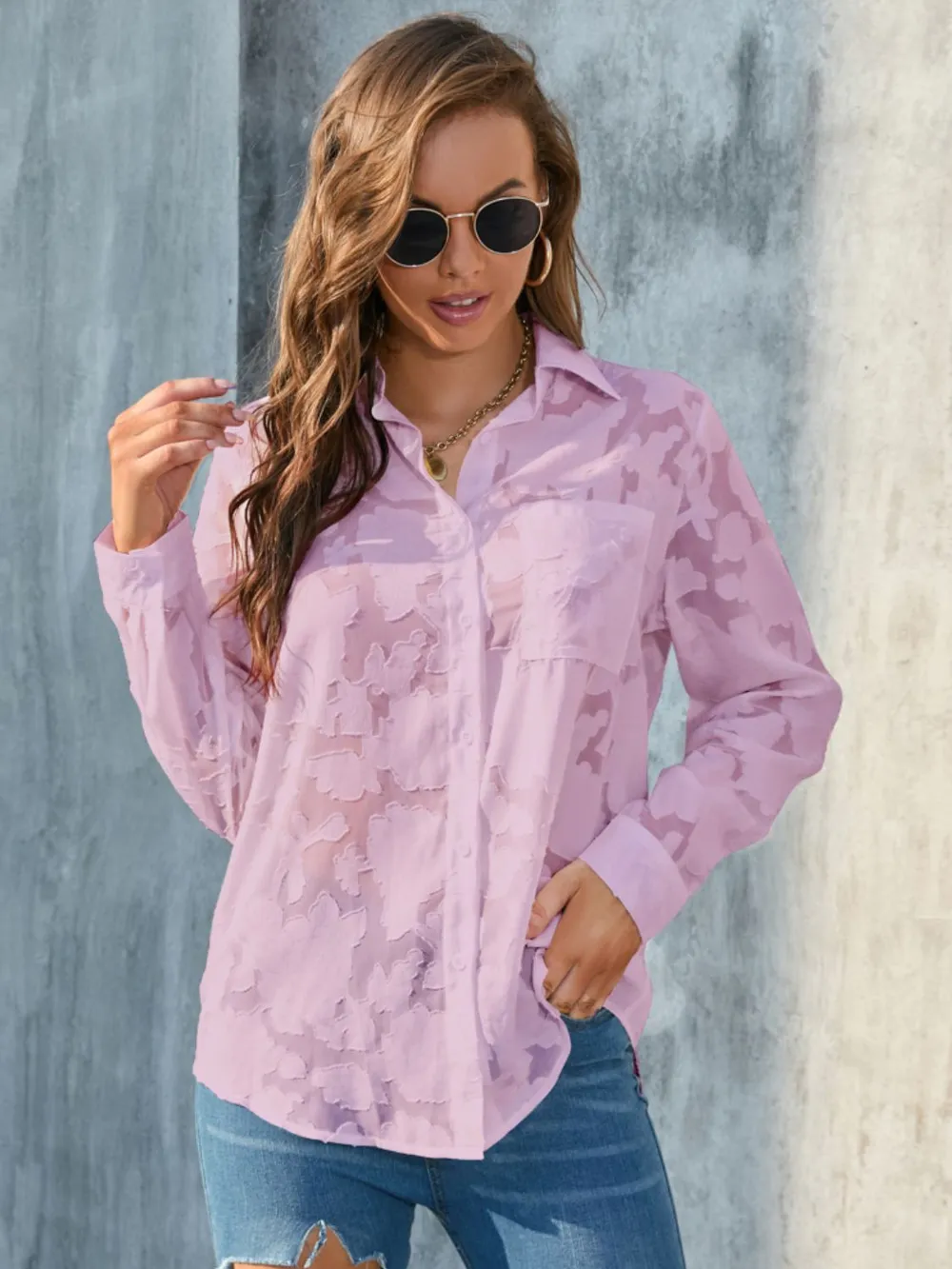 Full Size Collared Neck Long Sleeve Shirt Plus Size, image 17