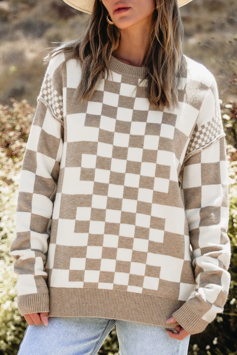 Checkered Round Neck Long Sleeve Sweater, image 5