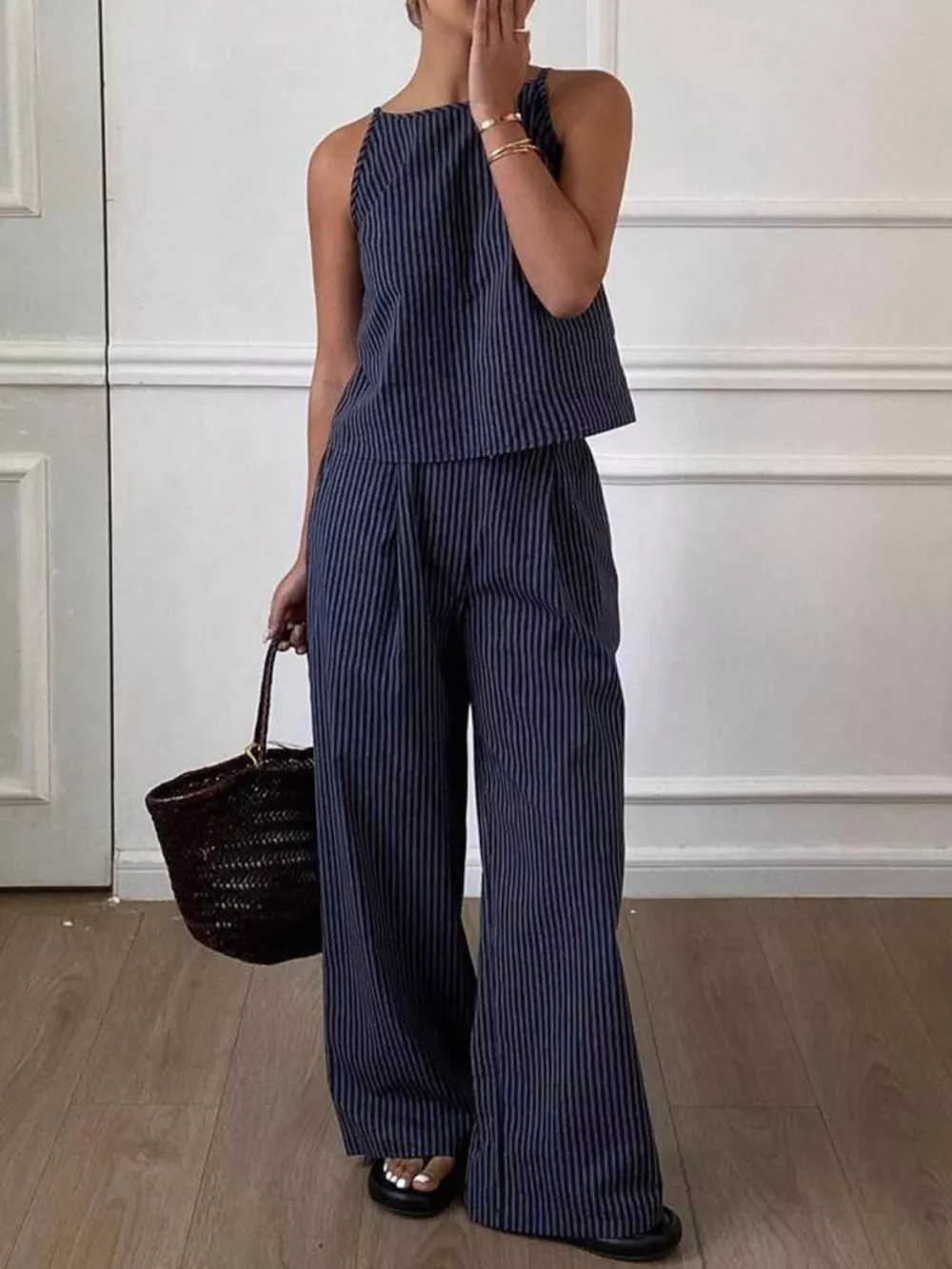 Striped Sleeveless Top and Wide-Leg Pants Set, image 4