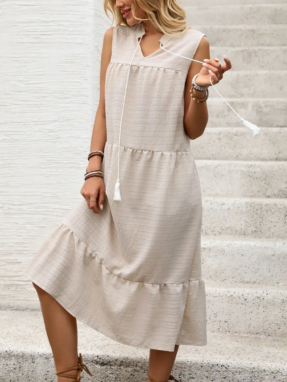 Tie Neck Sleeveless Ruffled Hem Dress, image 4