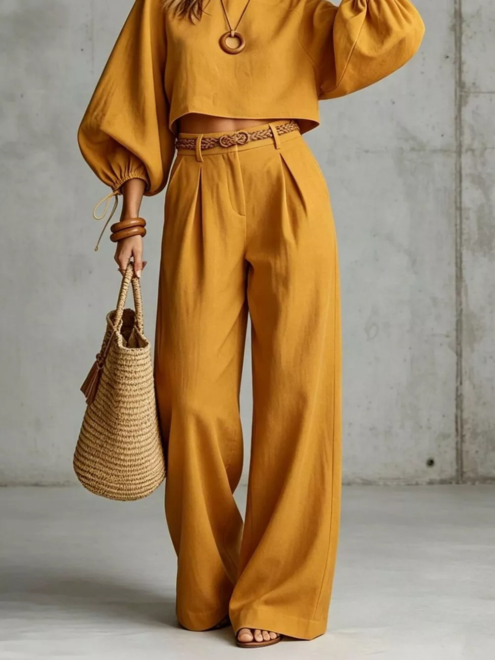 Balloon Sleeve Crop Top and Wide-Leg Pants Set, image 3