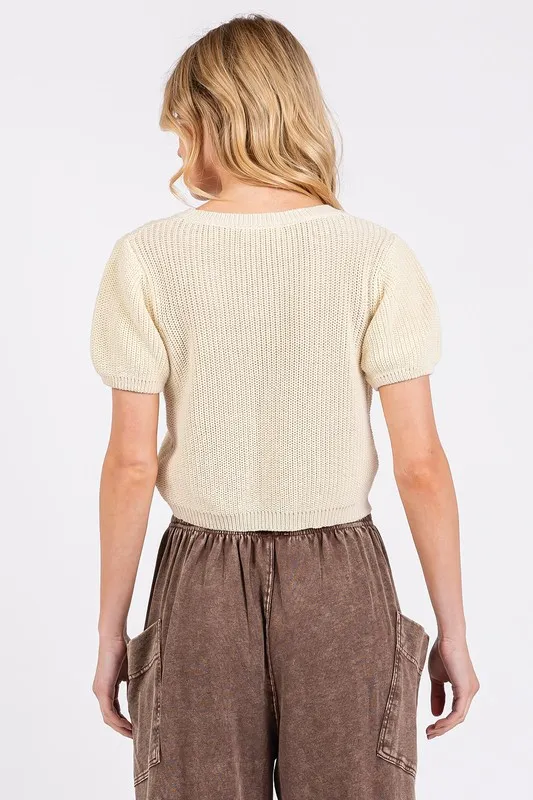 V-Neck Short Sleeve Crop Sweater, image 3