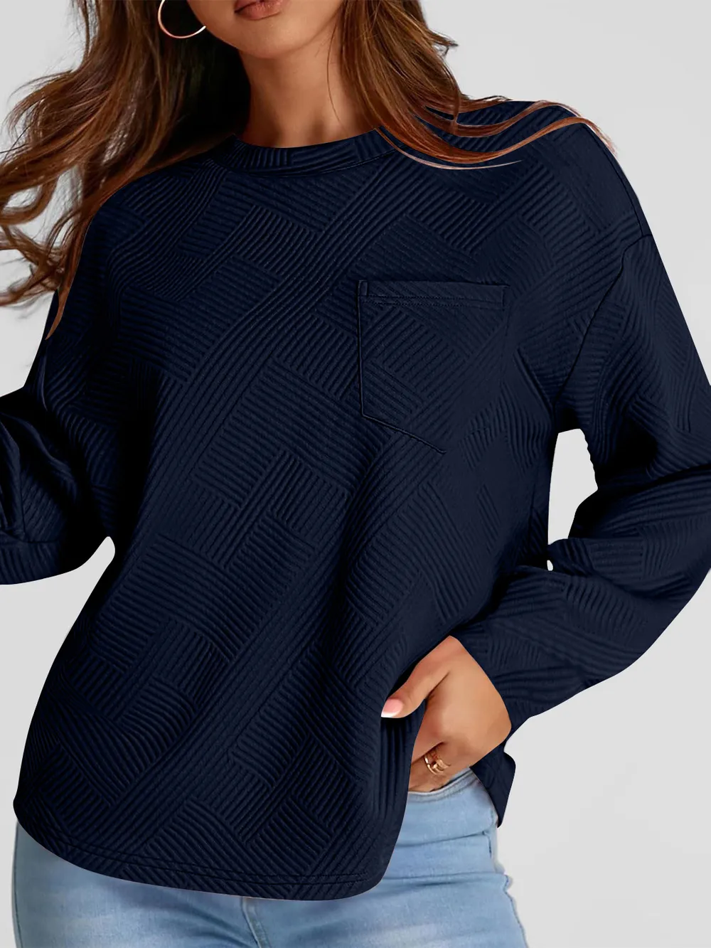 Full Size Texture Round Neck Long Sleeve Sweatshirt, image 19