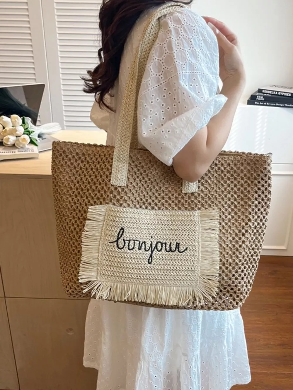 Fringe Straw Shoulder Bag, image 6