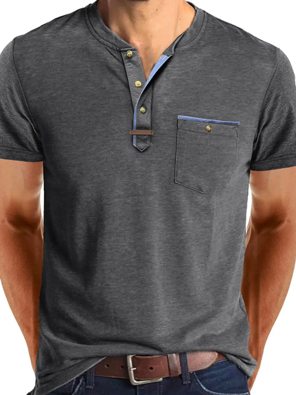 Men's Full Size Short Sleeve Henley Polo with Contrast Trim Plus Size, image 3