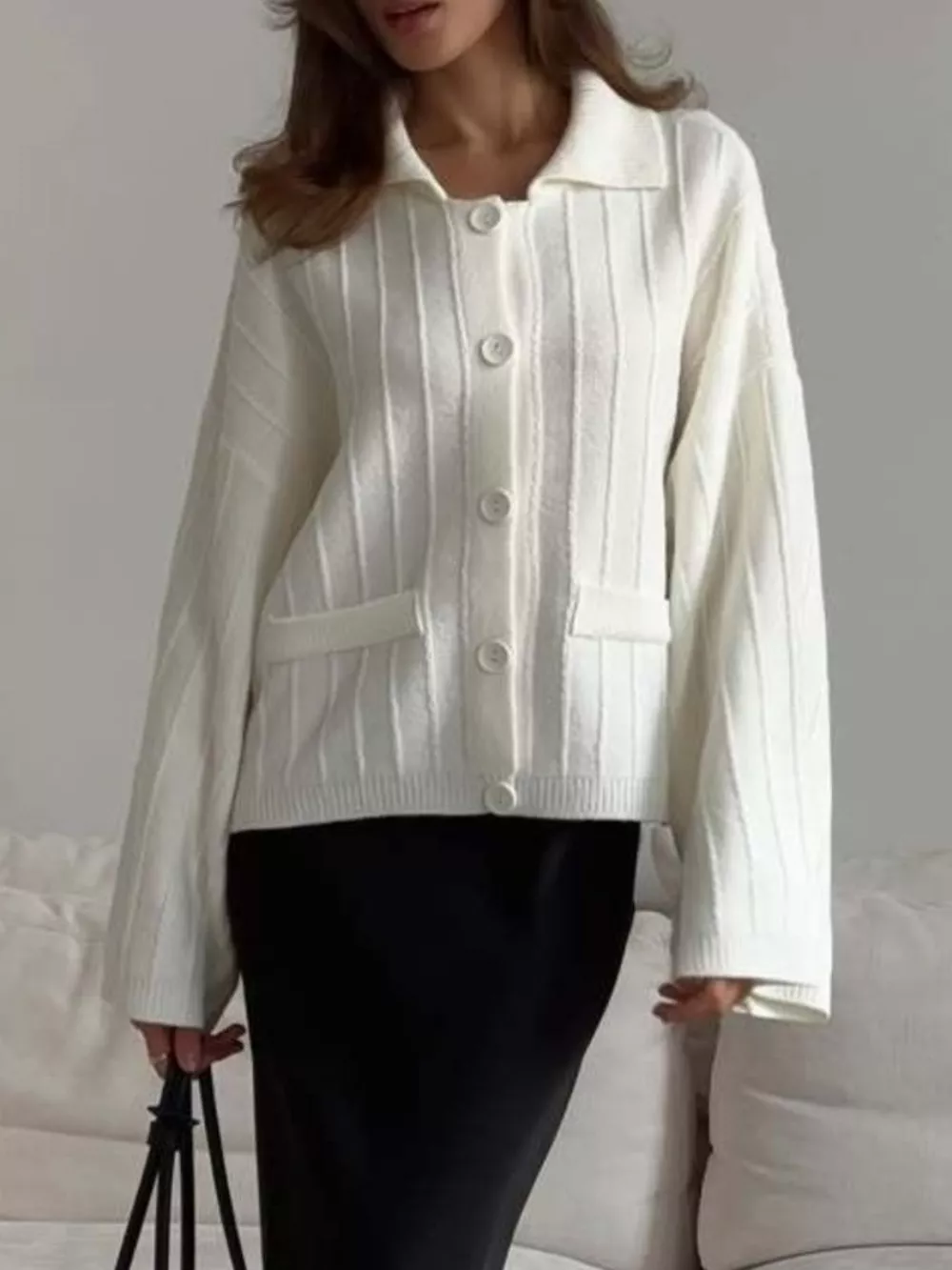 Texture Knit Cardigan with Wide Sleeves and Collar, image 9