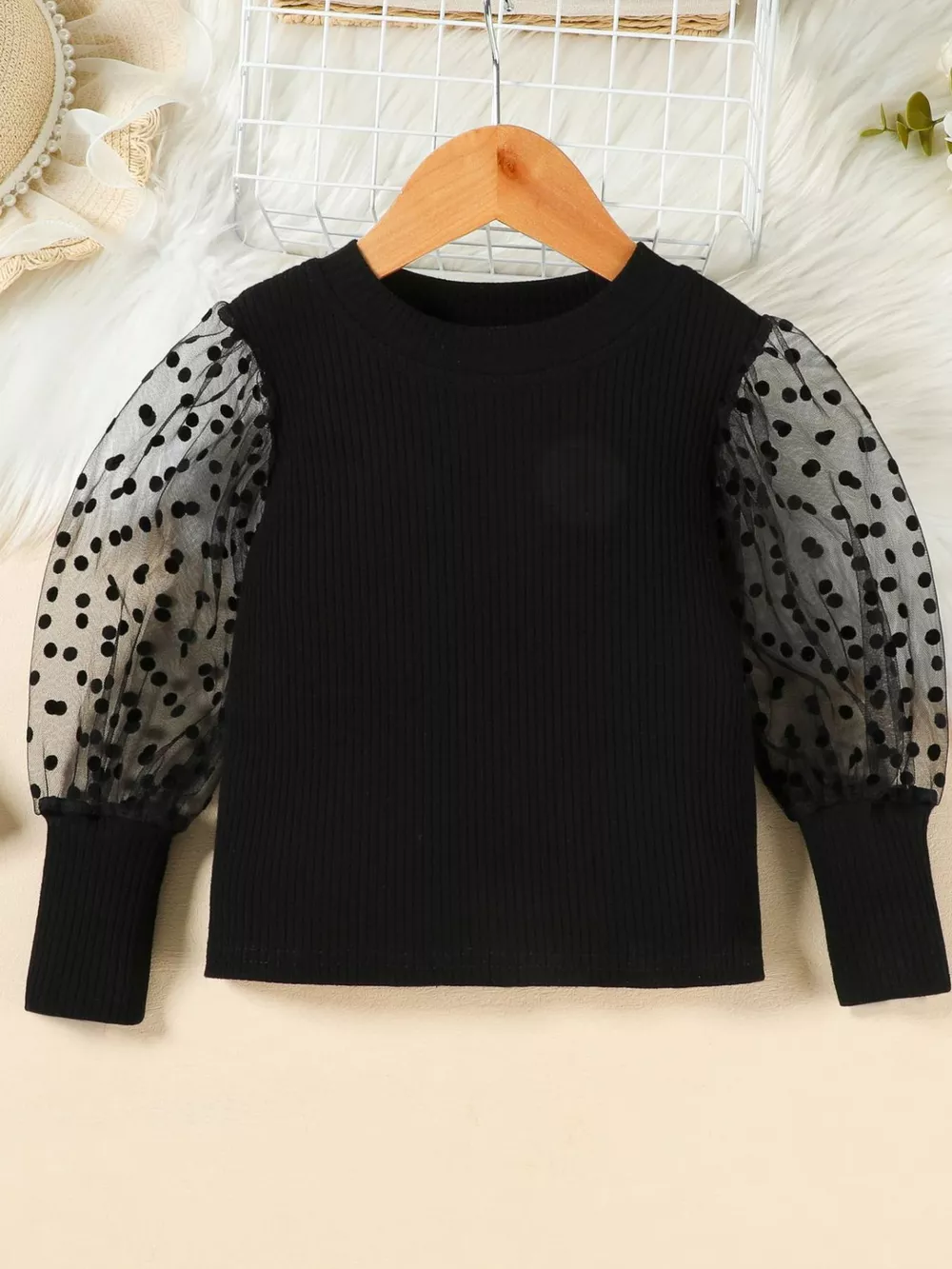 Children's Polka Dot Sleeve Top & Faux Leather Skirt Set, image 2