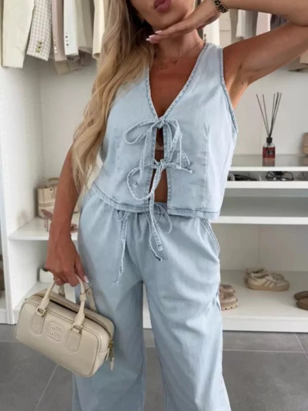 Tie Front Vest and Jeans Denim Set, image 2