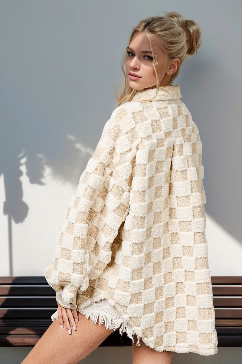Button Up Fuzzy Checkered Shacket, image 3