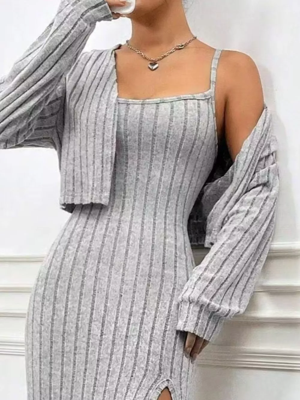 Ribbed Knit Cami Dress & Cardigan Set, image 9