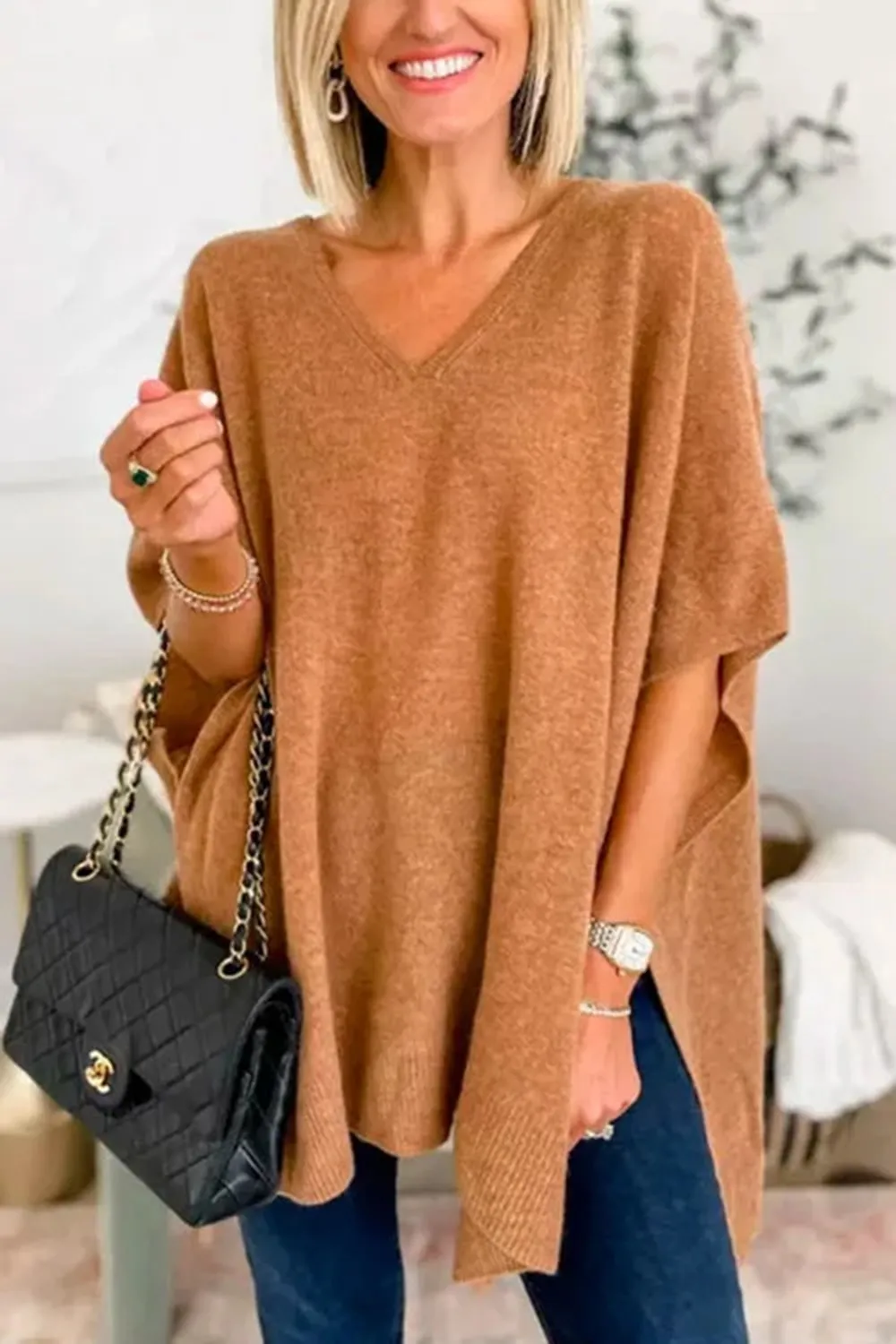 Slit V-Neck Half Sleeve Knit Top, image 2