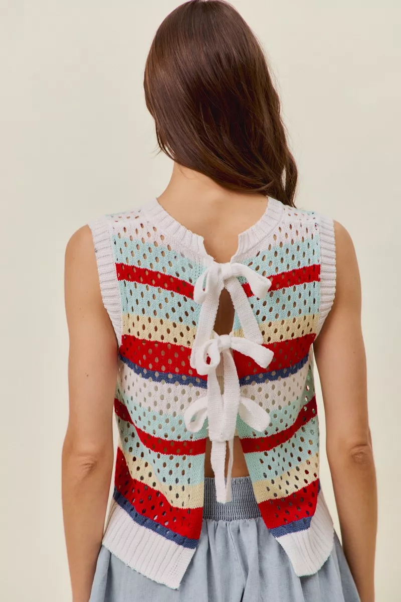 Tie Back Multi Stripe Sweater Knit Tank Top, image 4