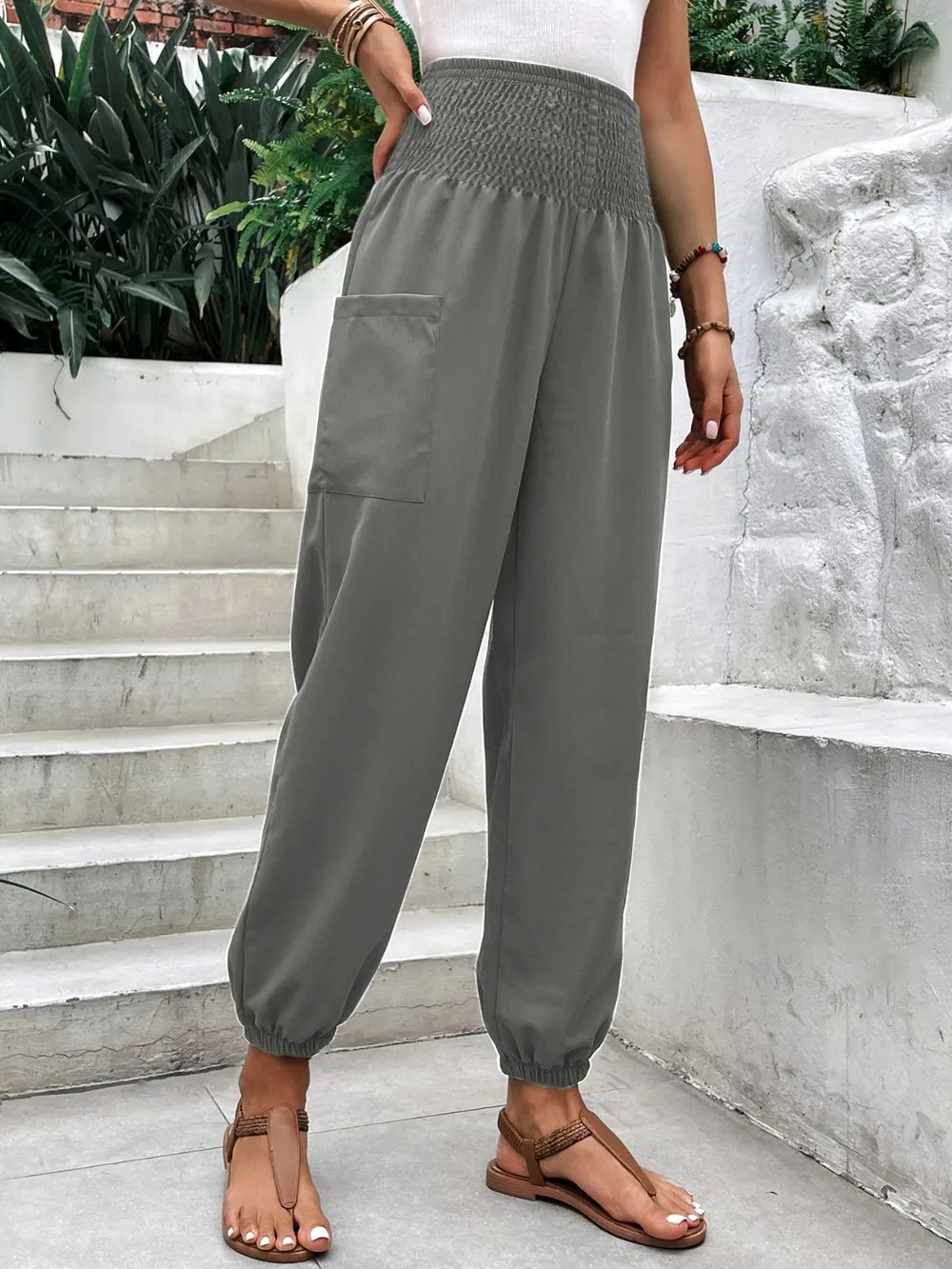 Smocked High Rise Joggers with Pockets, image 13