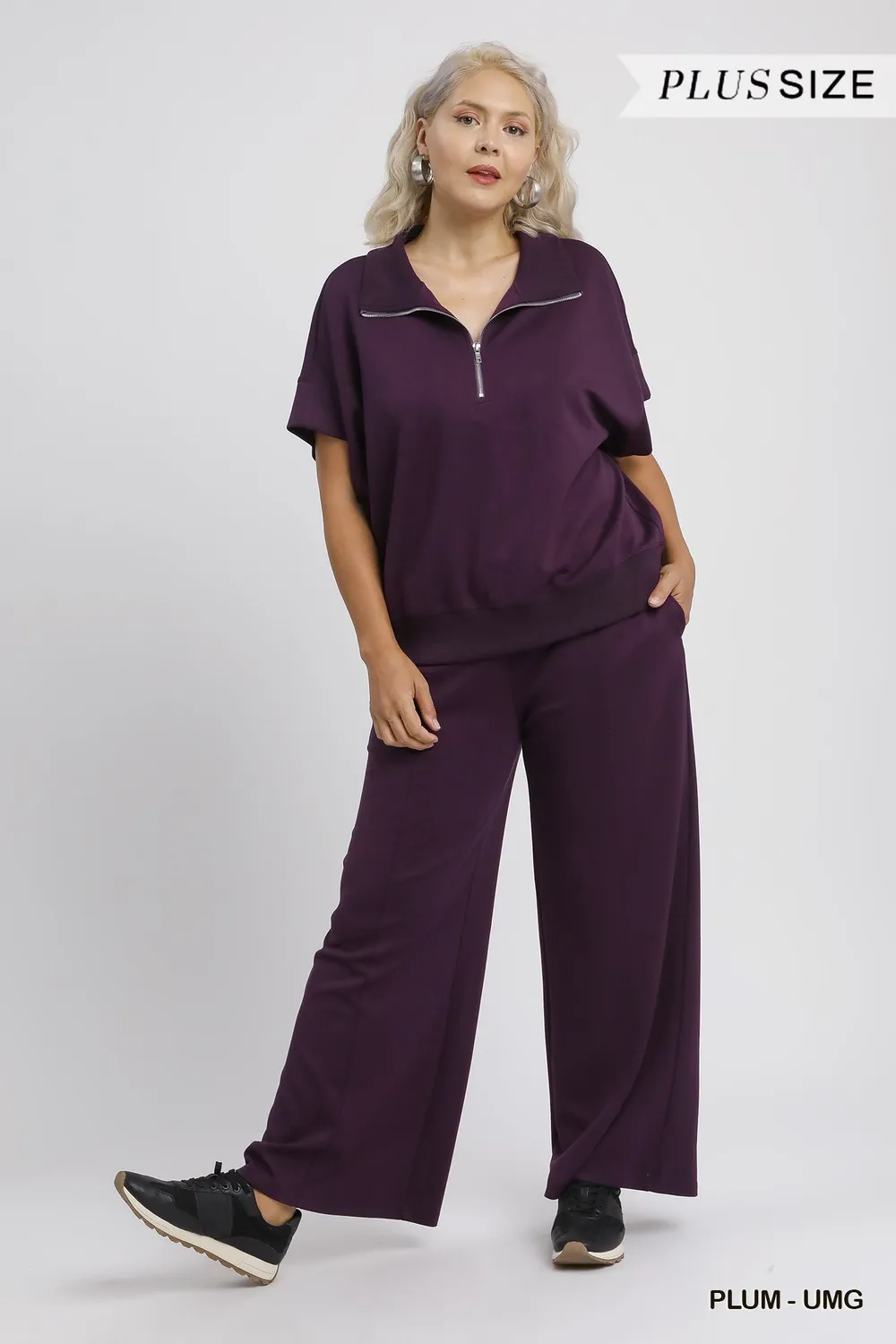 Full Size Half-Zip Short Sleeve Top Plus Size, image 2