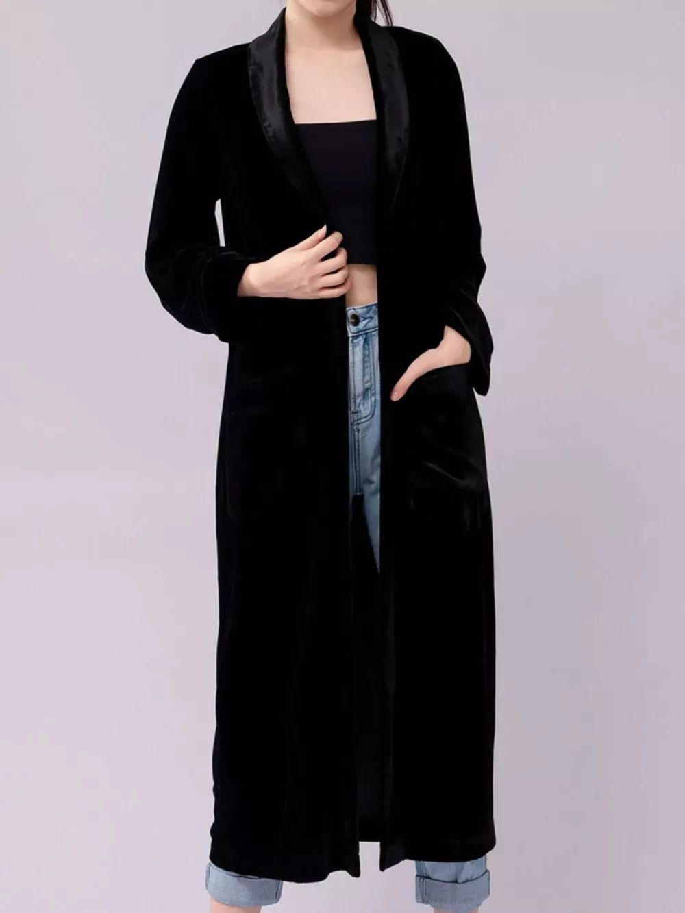 Velvet Lapel Collar Longline Coat, image 8