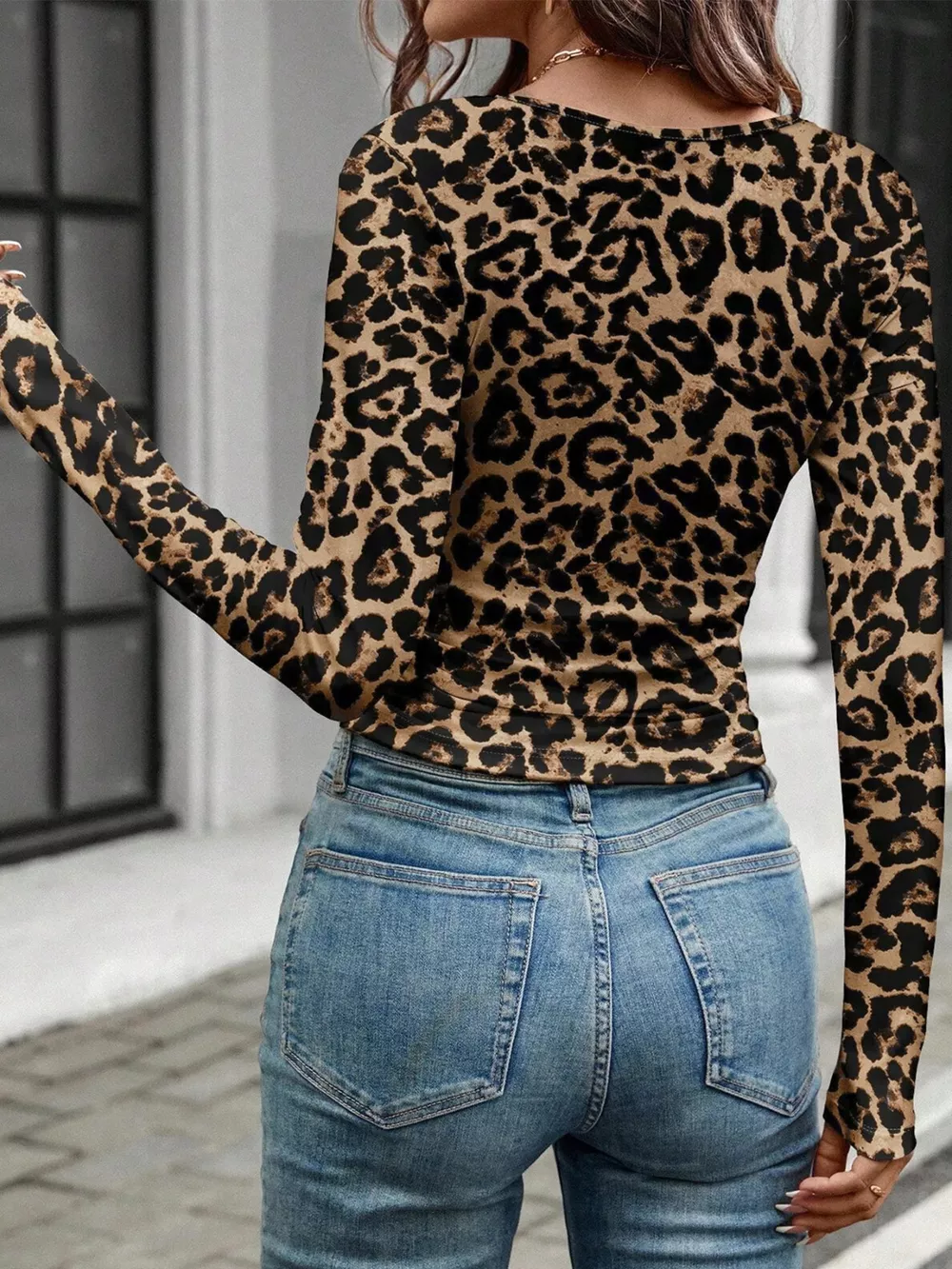 Leopard Print Square Neck Long Sleeve Top, image 5