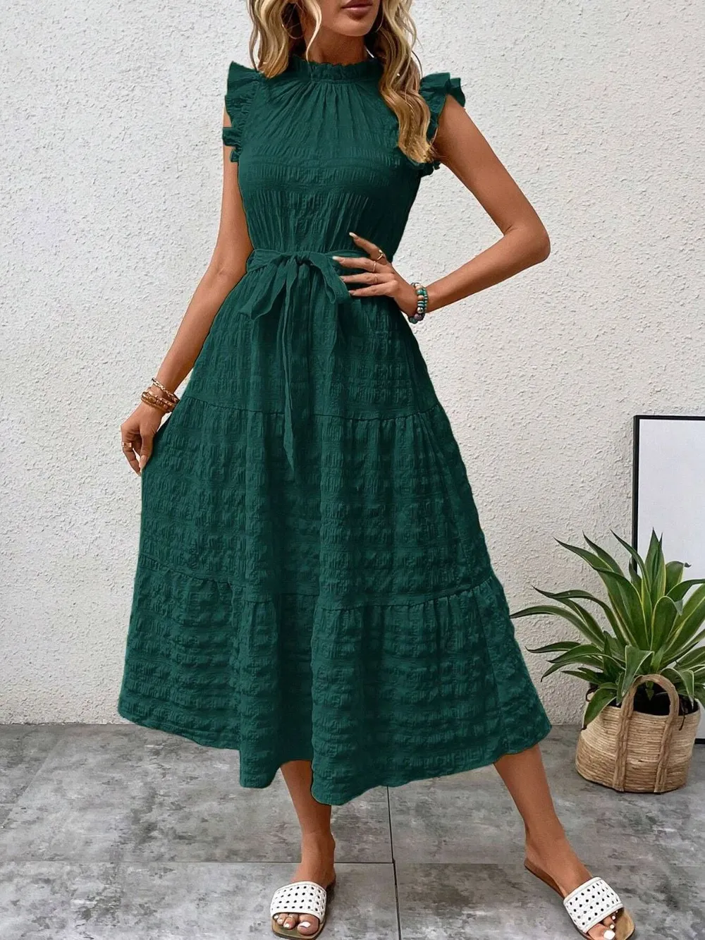 Tied Ruffled Cap Sleeve Midi Dress, image 10