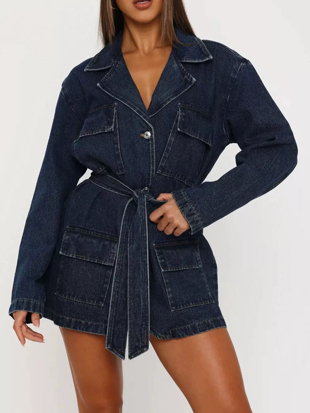 Long Sleeve Longline Denim Jacket with Belt