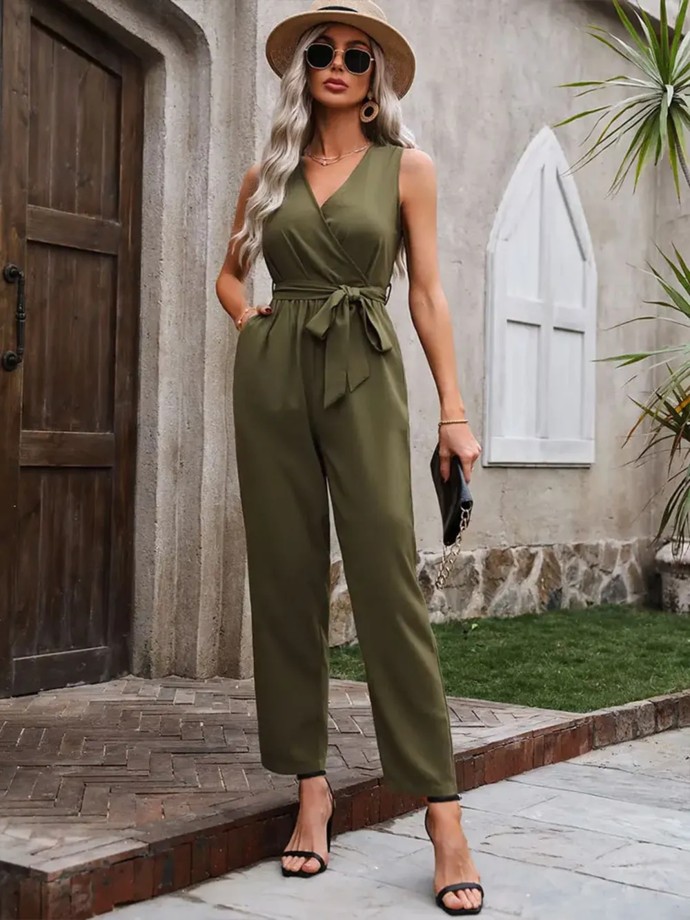 Surplice Tie Waist Sleeveless Jumpsuit