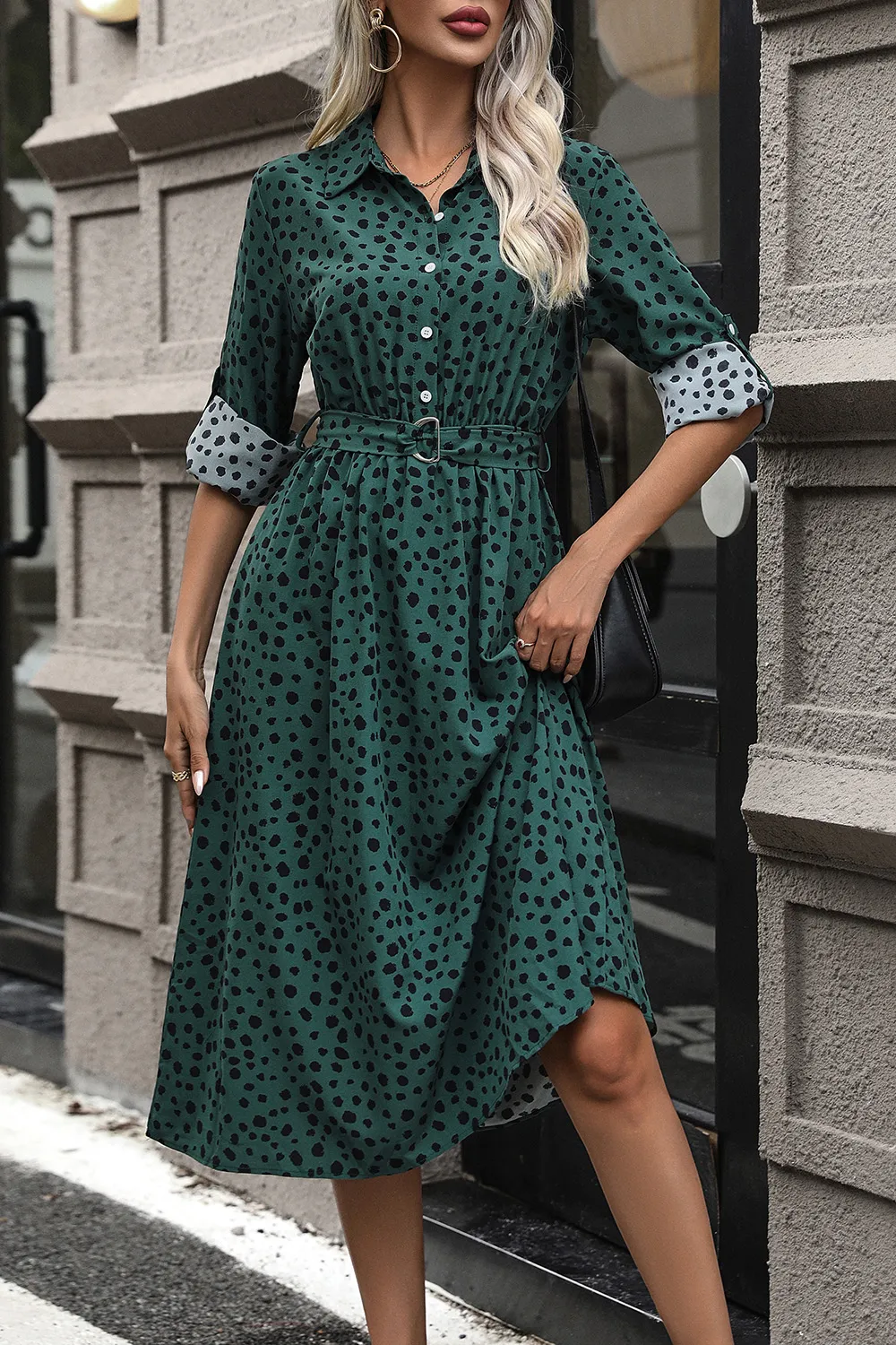 Printed Belted Long Sleeve Midi Dress, image 3