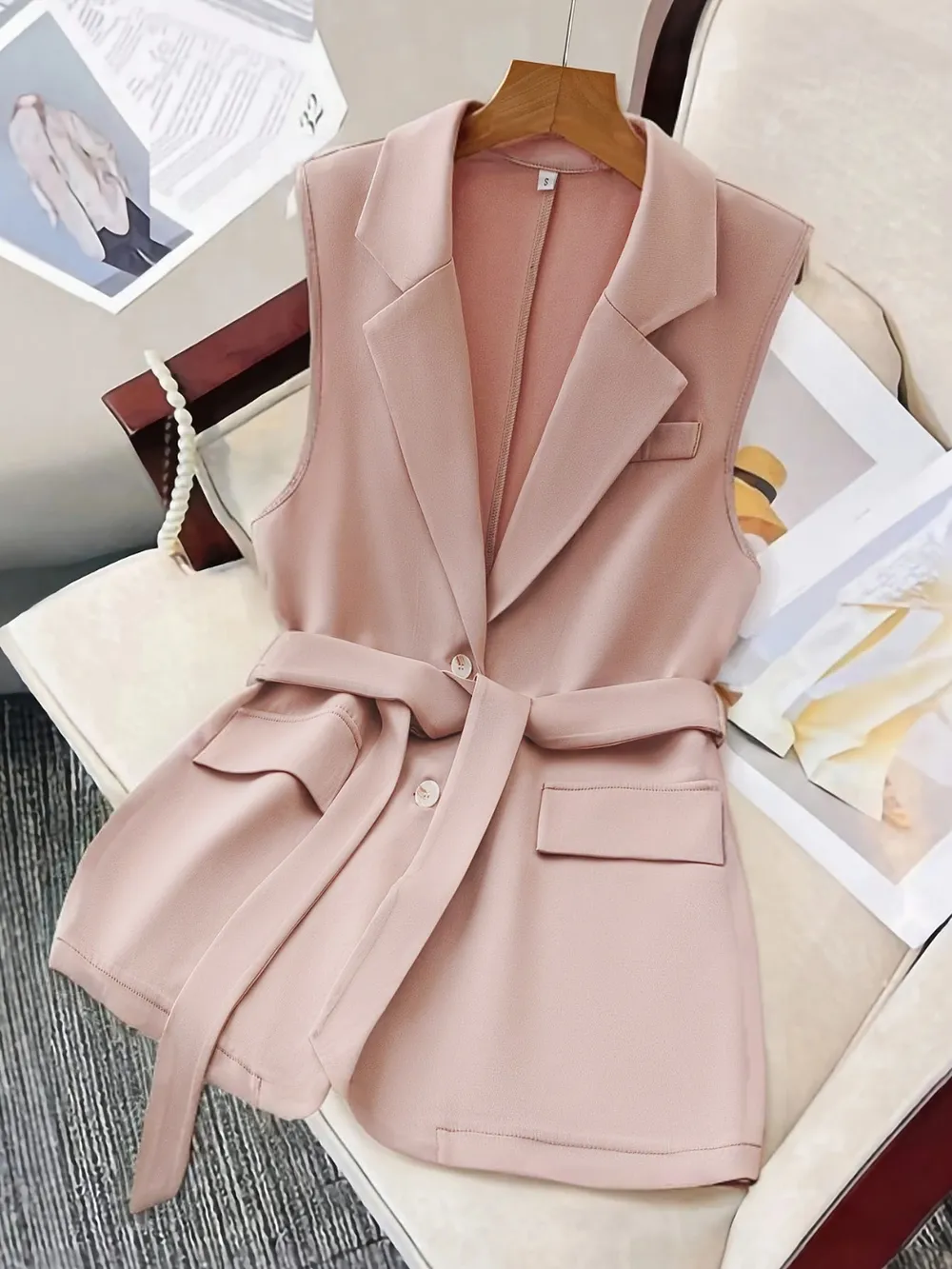 Tie Waist Lapel Collar Sleeveless Blazer, image 2