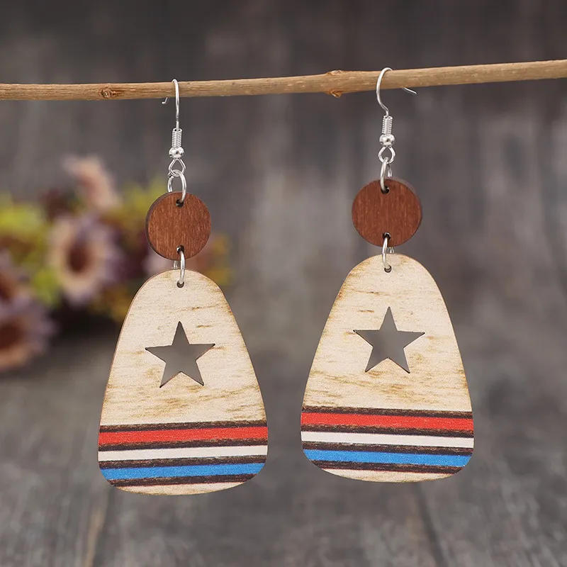 Cutout Star & Stripes Wooden Dangle Earrings, image 2
