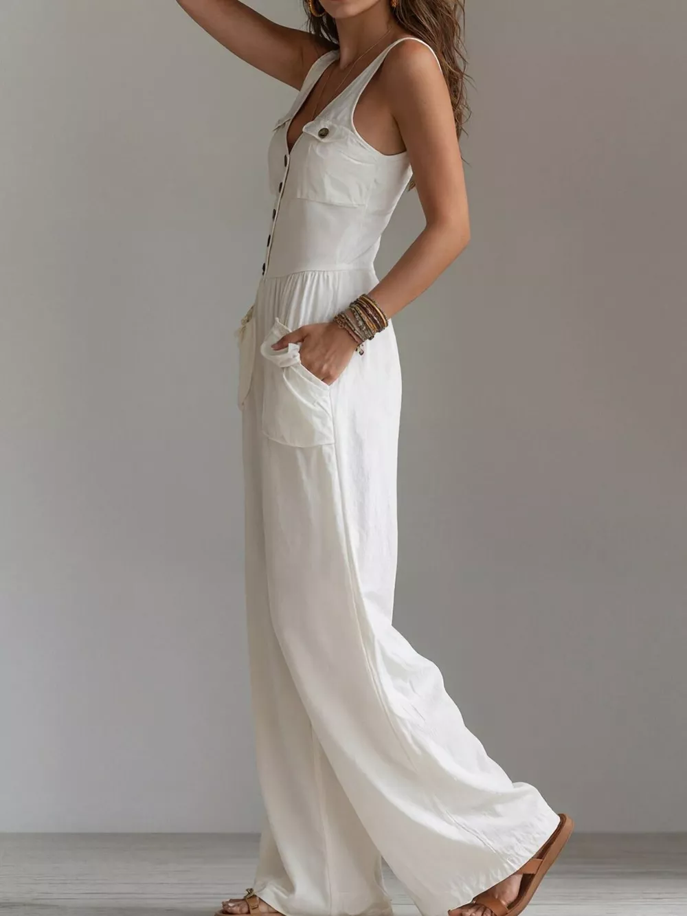 Sleeveless Button-Front Jumpsuit, image 3