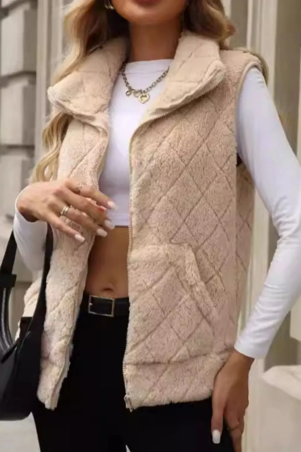Fuzzy Plaid Texture Zip Up Vest Coat, image 5