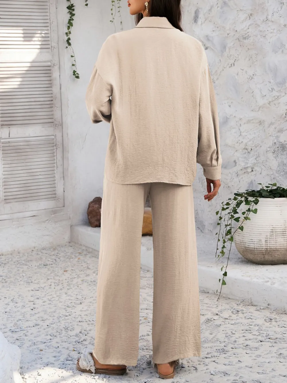 Collared Neck Long Sleeve Top and Pants Set, image 10