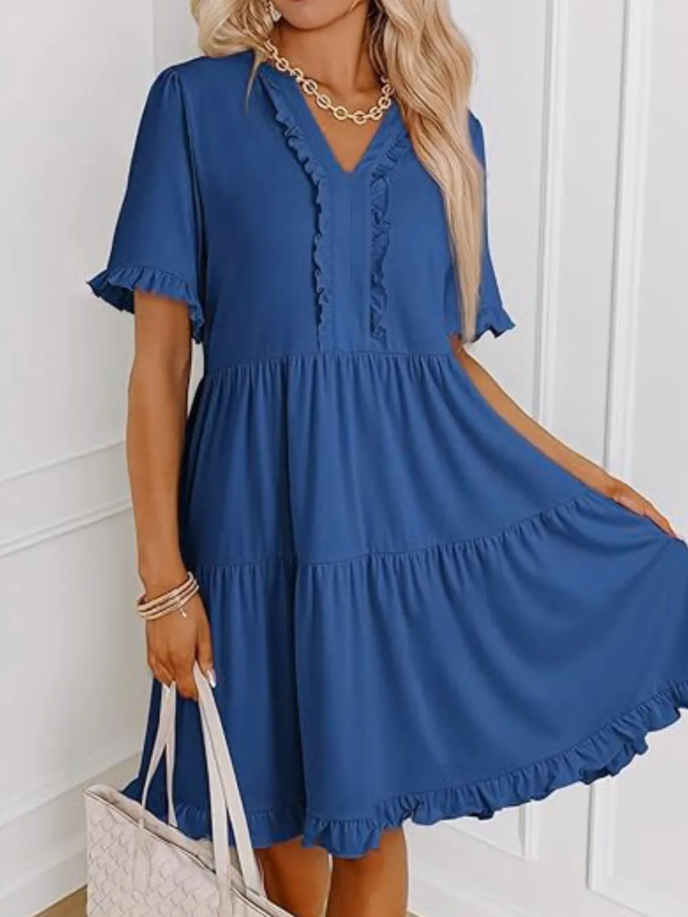 Tiered Notched Short Sleeve Mini Dress, image 6