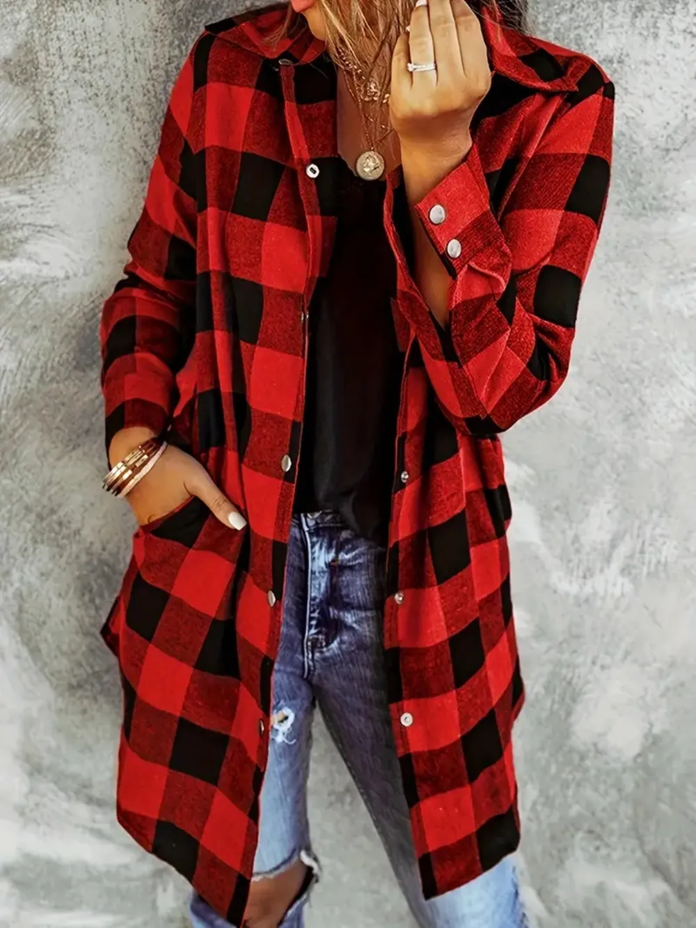 Plaid Collared Neck Snap Down Long Sleeve Jacket, image 2