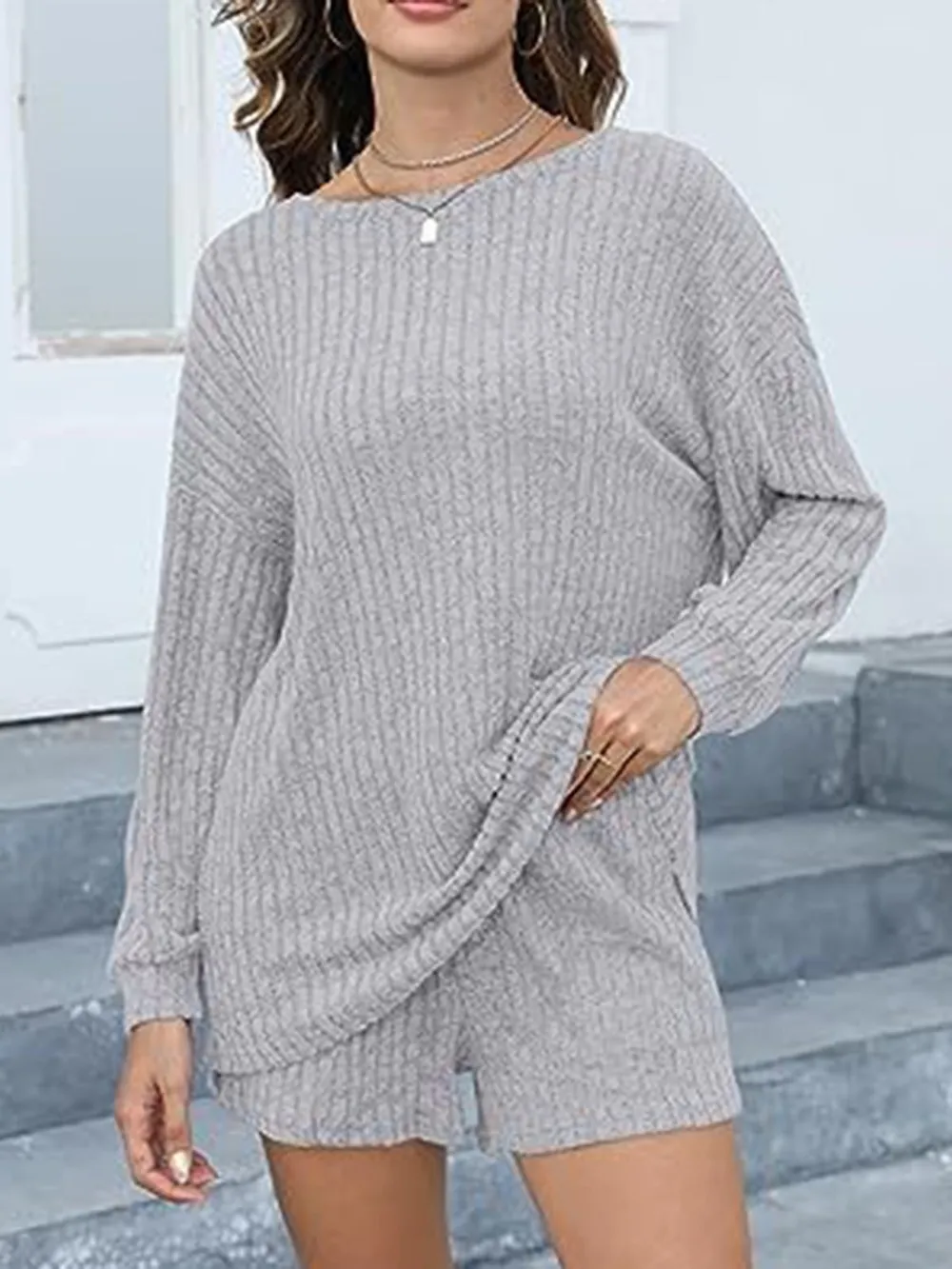 Round Neck Dropped Shoulder Top and Shorts Set, image 4