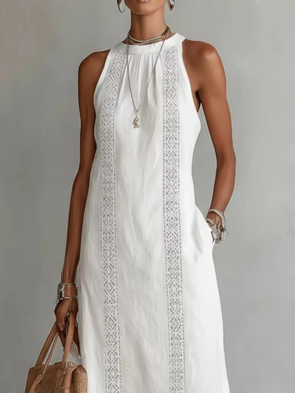 Side Slit Sleeveless Hollow-Out Trimmed Midi Dress, image 4