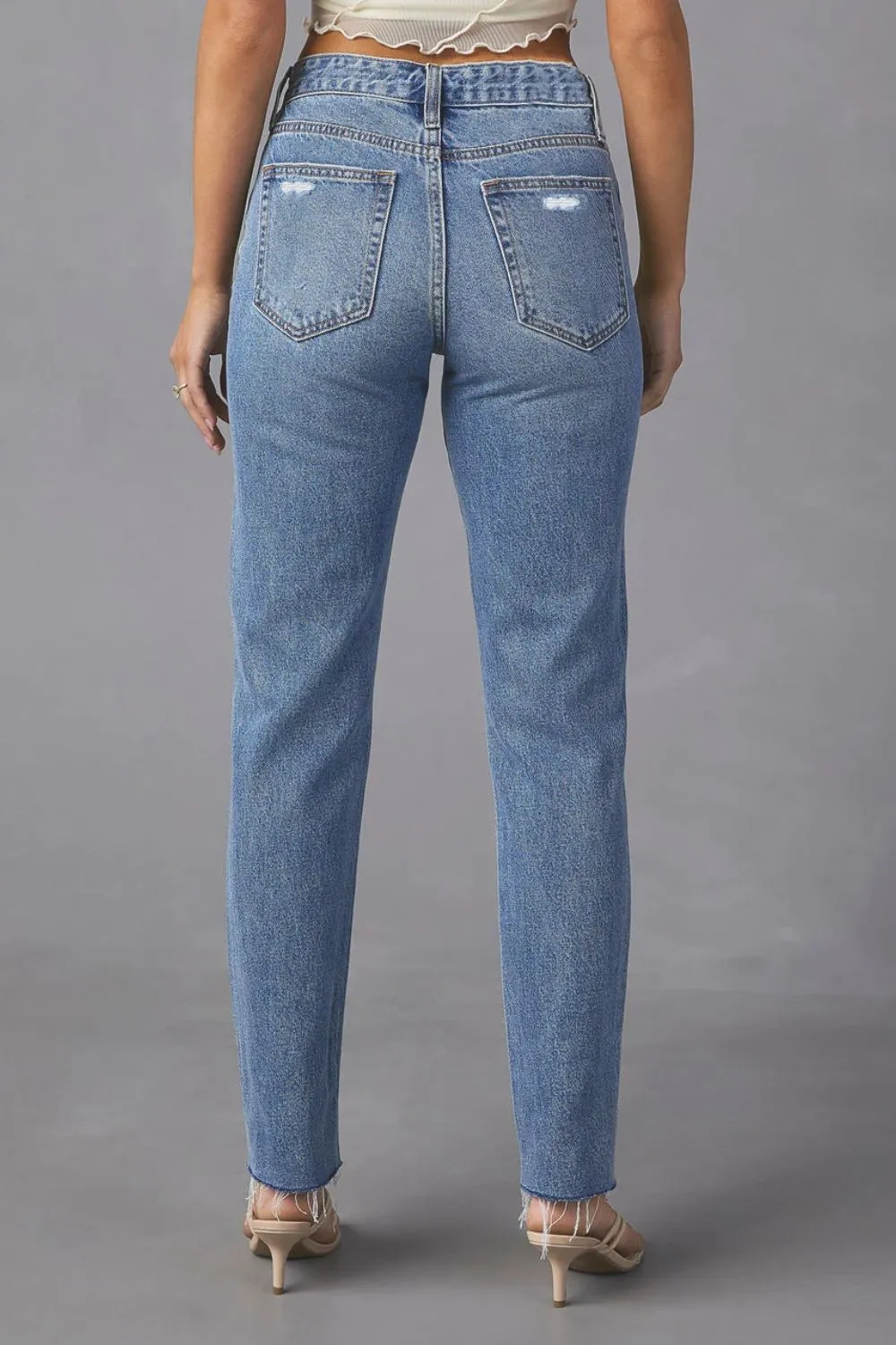 Distressed Raw Hem Straight Jeans with Pockets, image 6