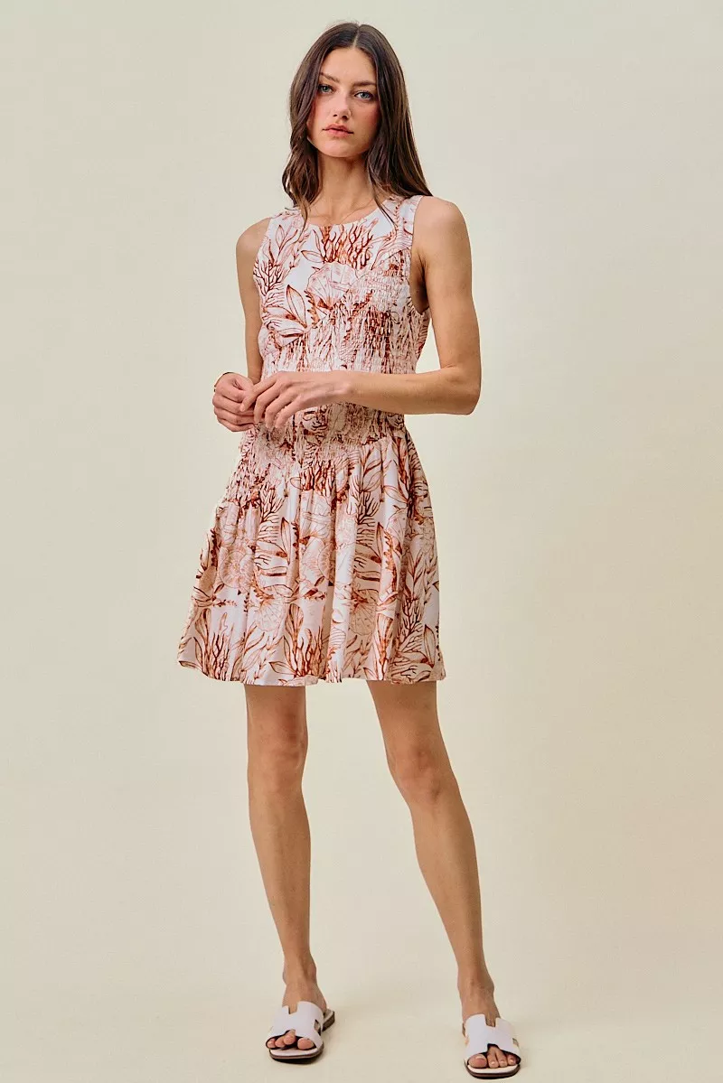 Shell Print Smocked Fit And Flare Mini Lined Dress, image 19