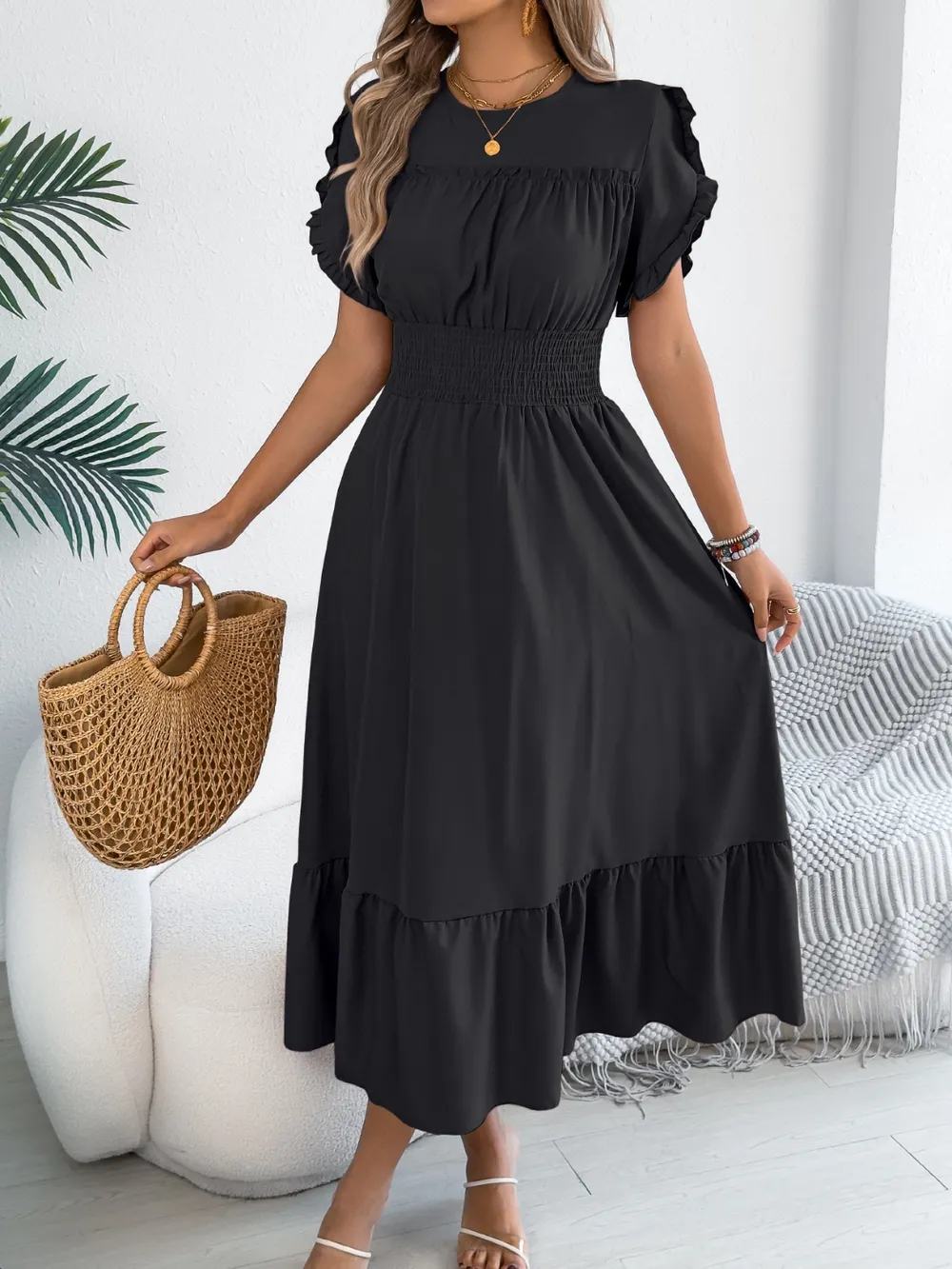 Smocked Frill Round Neck Midi Dress, image 6