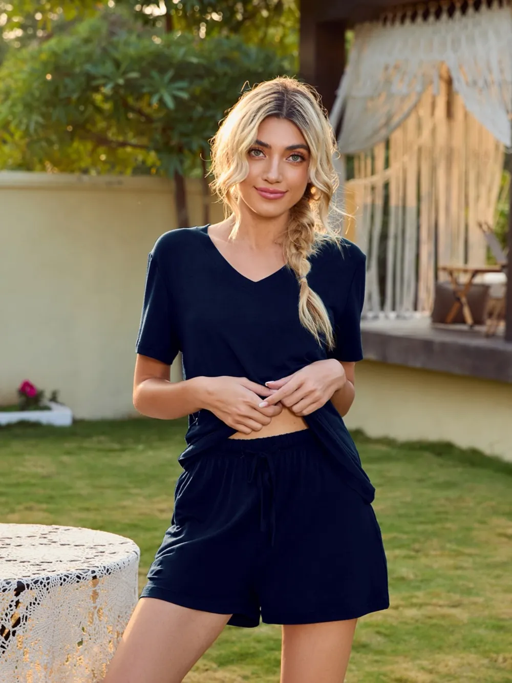V-Neck Short Sleeve Top and Pocketed Shorts Lounge Set, image 9