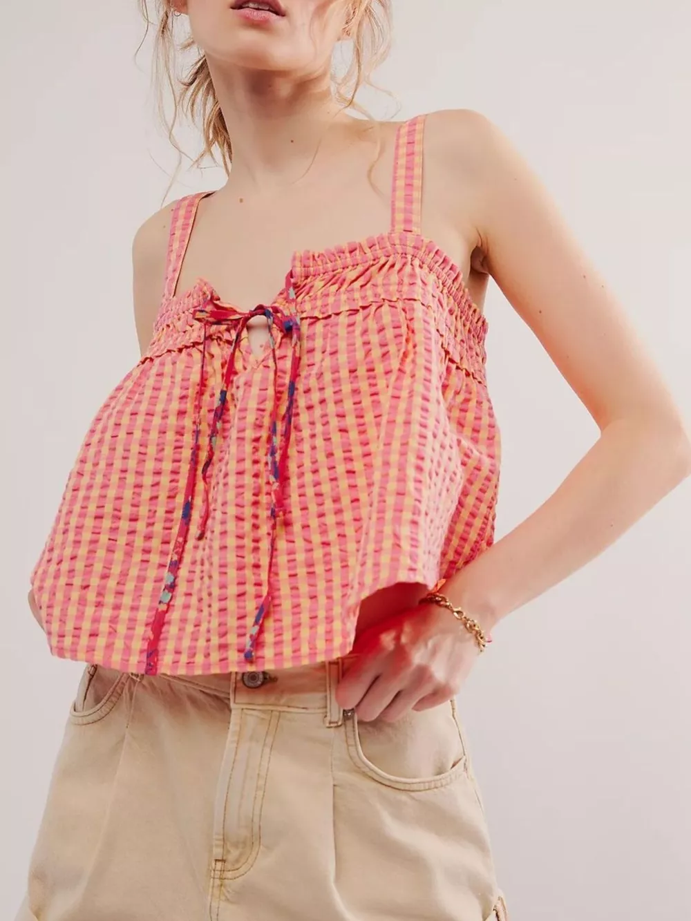 Smocked Gingham Tie-Front Cami, image 4