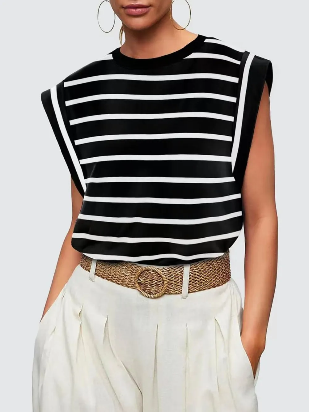 Striped Round Neck Cap Sleeve T-Shirt, image 6