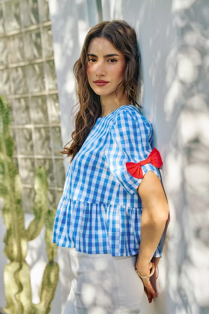 4th Of July Gingham Ribbon Detail Short Sleeves Blouse, image 8