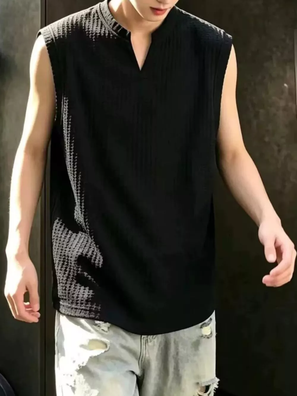 Men's Plus Size Textured Knit Notched Tank Top