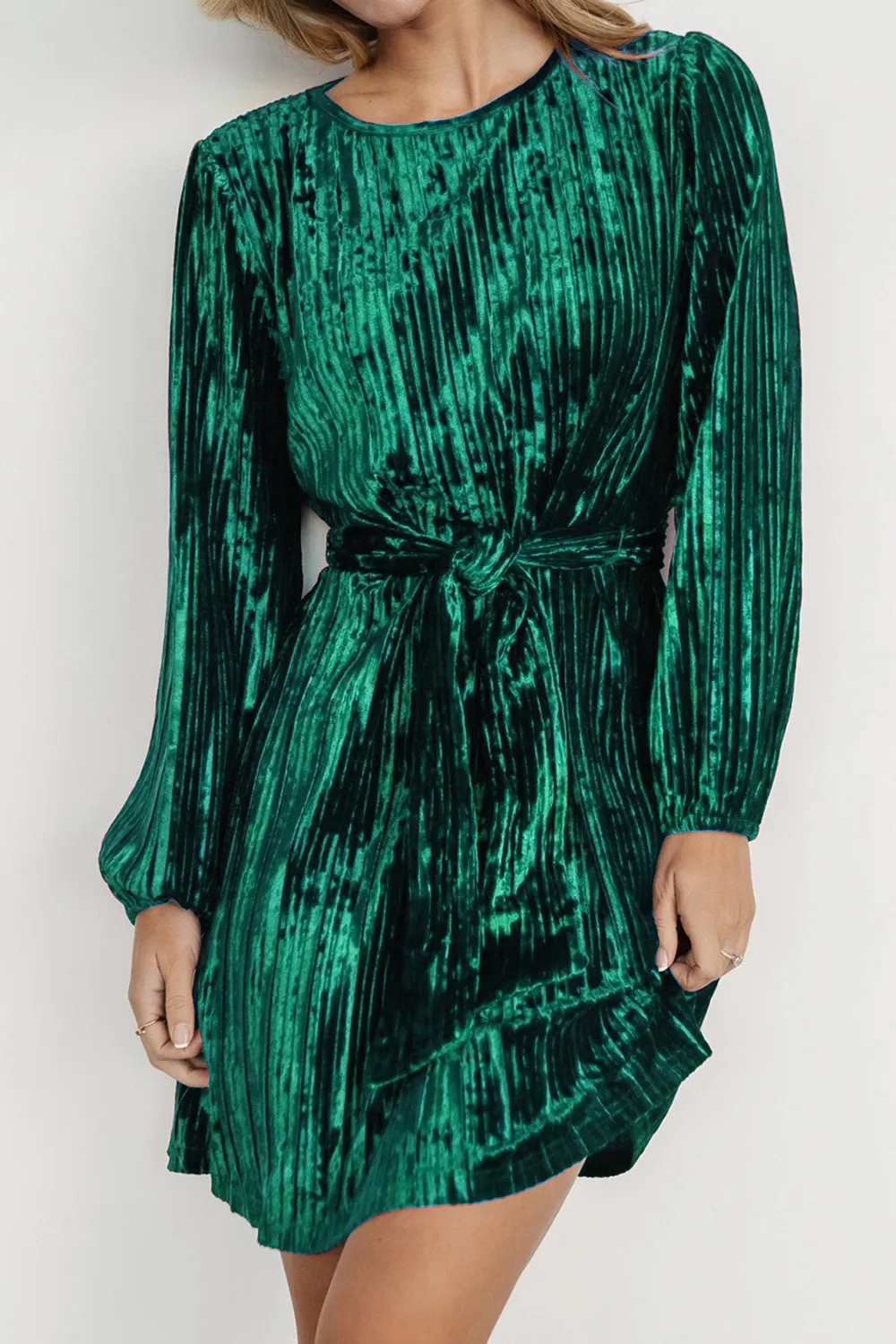 Velvet Round Neck Tie Waist Long Sleeve Mini Dress, image 6