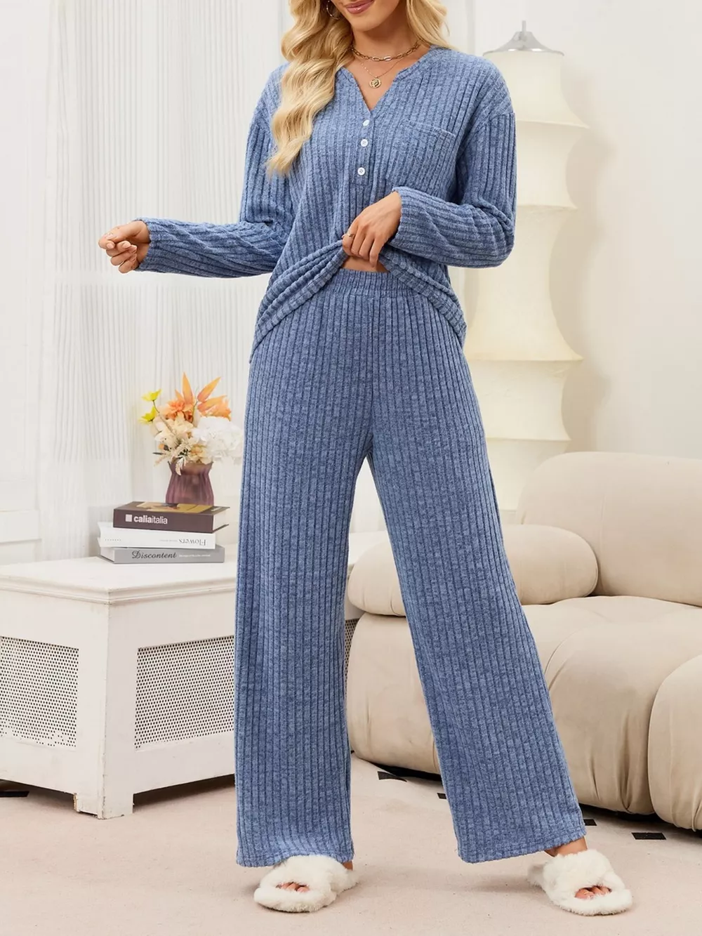 Ribbed Knit Top and Wide-Leg Pants Set, image 4