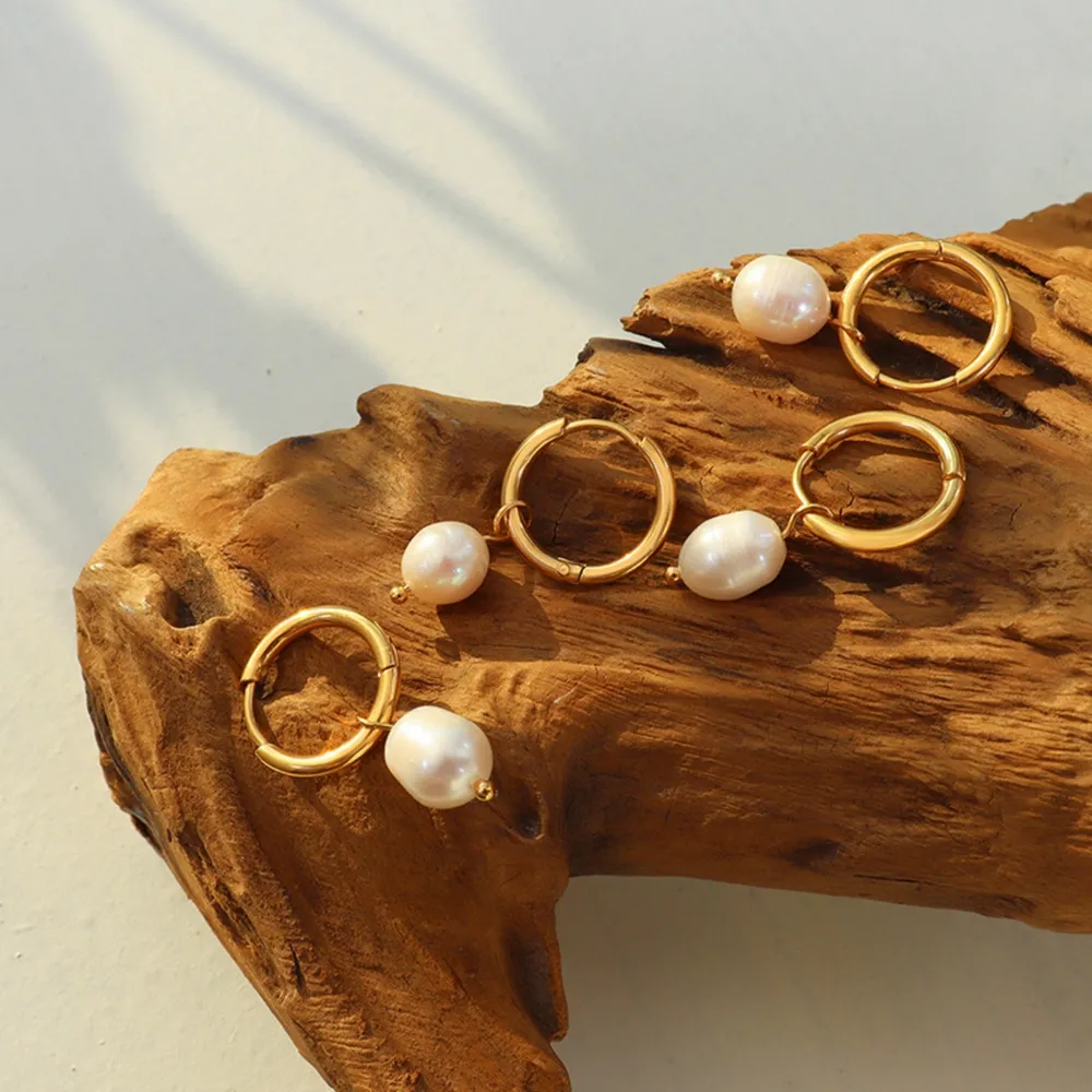 Gold-Plated Titanium Steel Pearl Earrings, image 4