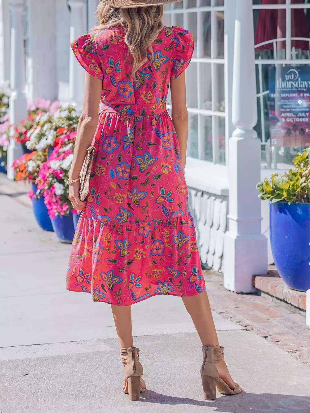 Flutter Sleeve Belted Floral Dress, image 3