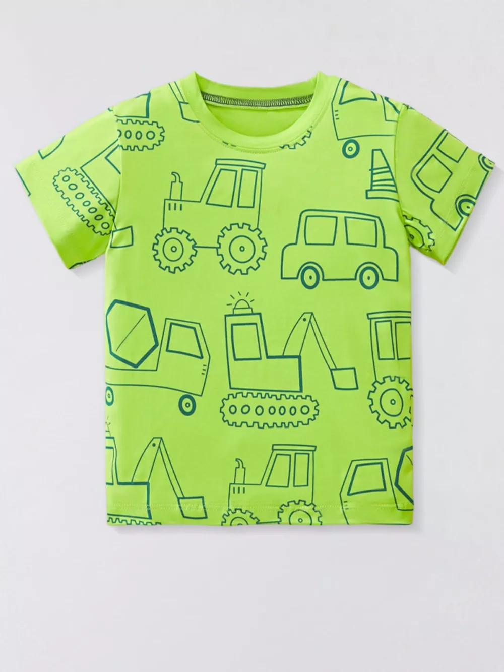 Children's Cartoon Vehicle Print Crew Neck Short Sleeve T-Shirt