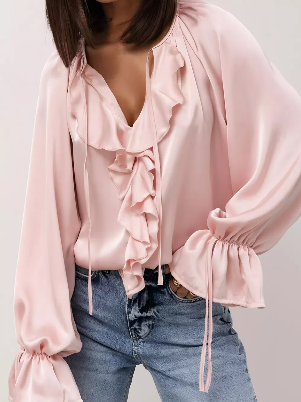 Ruffle Trim Satin Flounce Sleeve Blouse, image 3