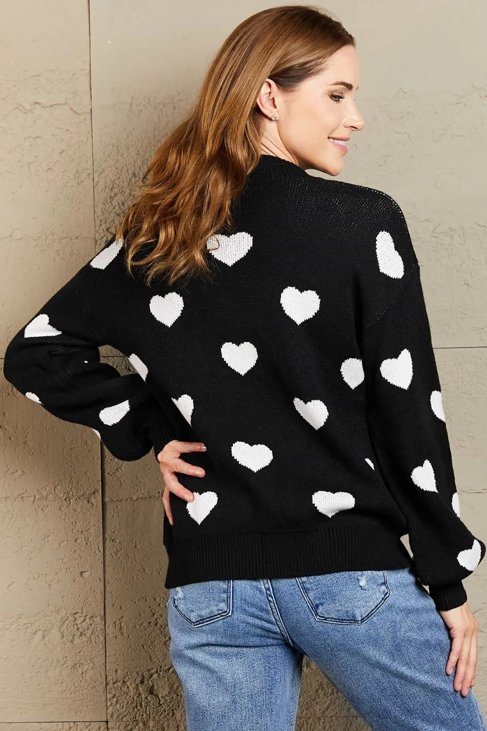 Heart Pattern Lantern Sleeve Round Neck Tunic Sweater, image 8