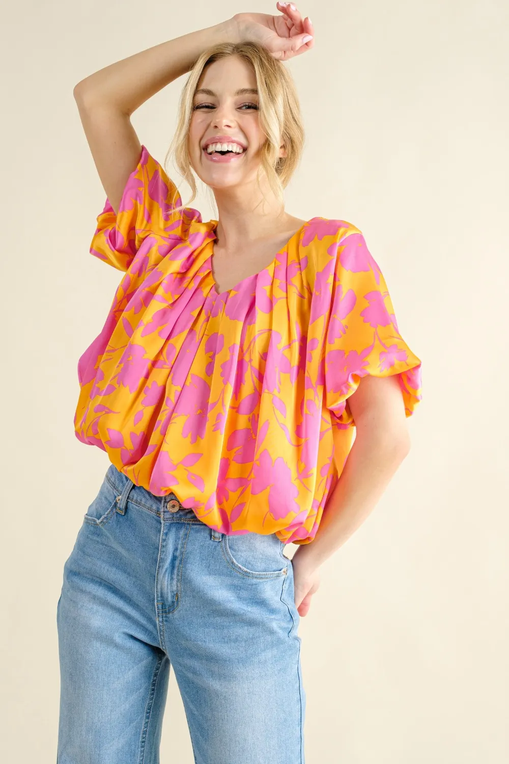 Full Size Printed Satin Bubble Hem Top, image 2